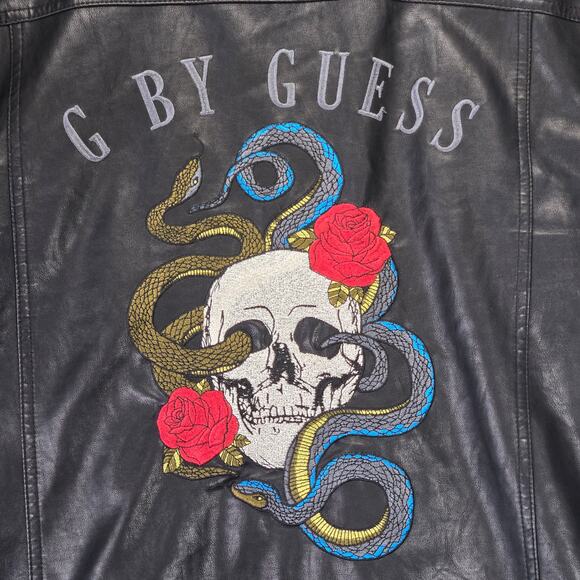 Guess Embroidered Faux Leather Jacket Womens Large Snake Skull Grunge Punk Rock - Picture 2 of 14